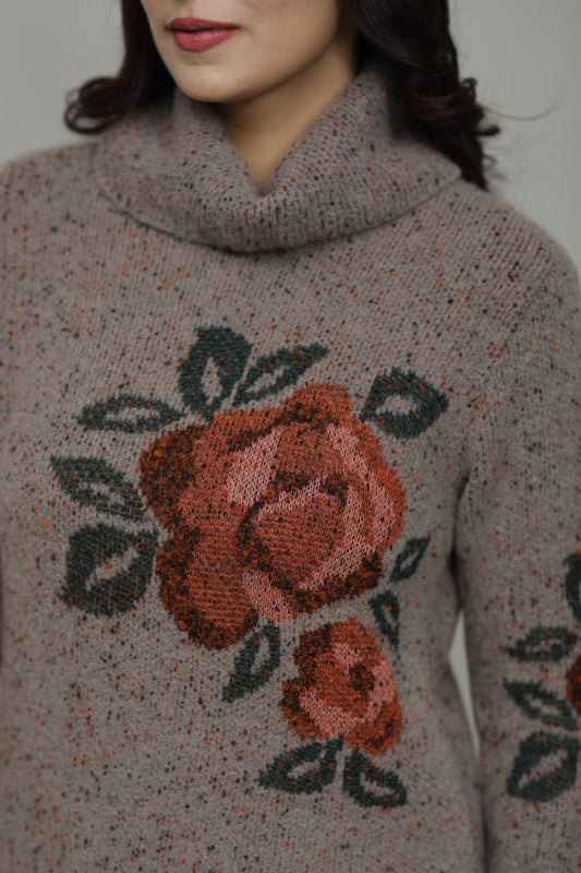 Floral Woolen Cowl Neck Sweater