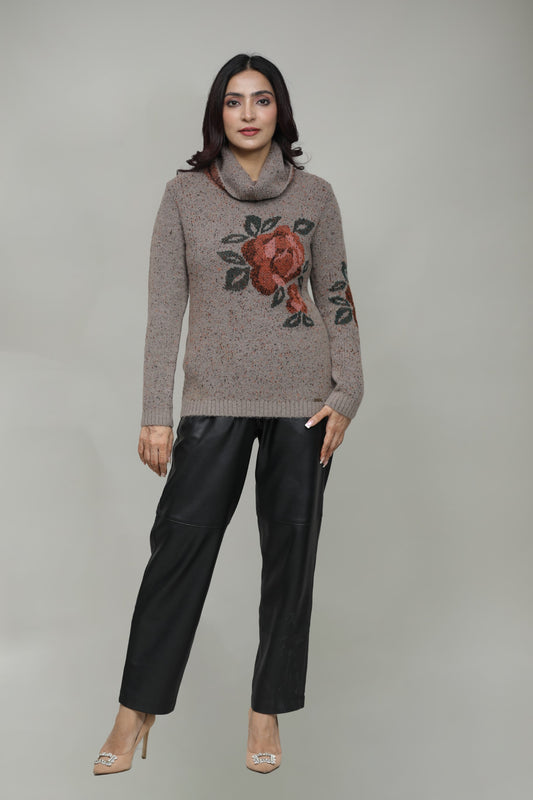 Floral Woolen Cowl Neck Sweater