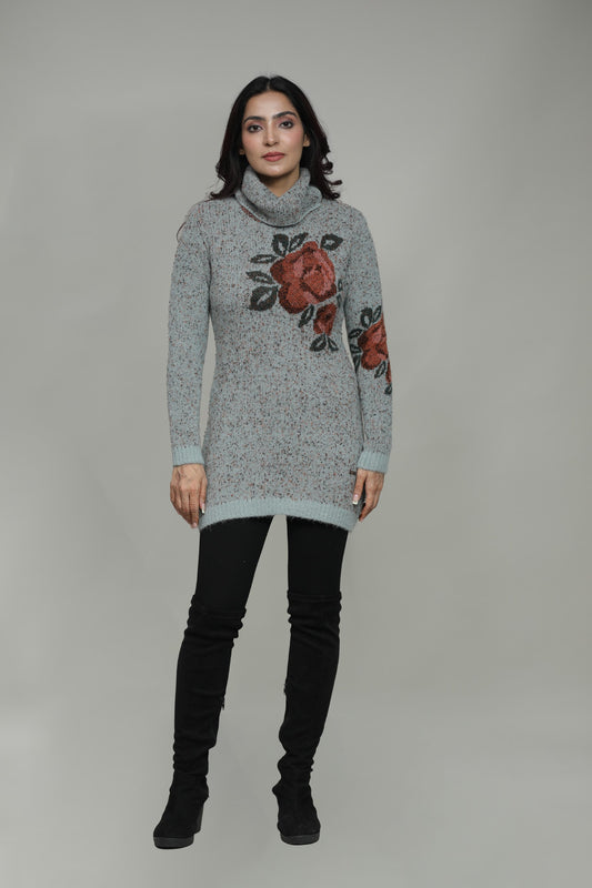 Floral Knitted Cowl Neck Sweater for Women