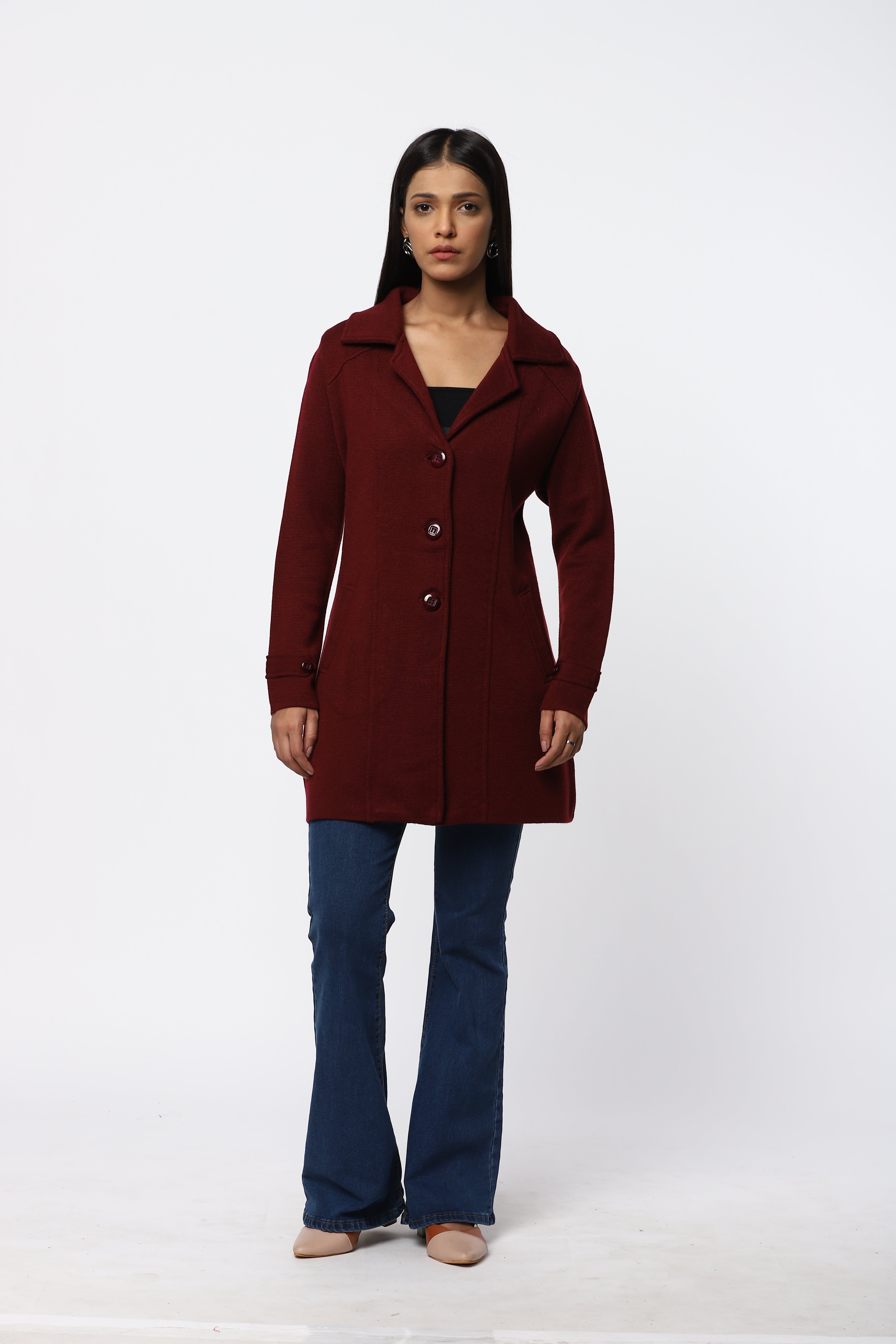 Women Knitted Collar Neck Long Coat – Stylish Winter Wear – Newcastle ...