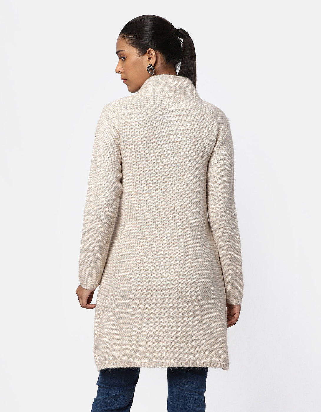 Knitted Ban Neck Long Coat with Fancy bottons