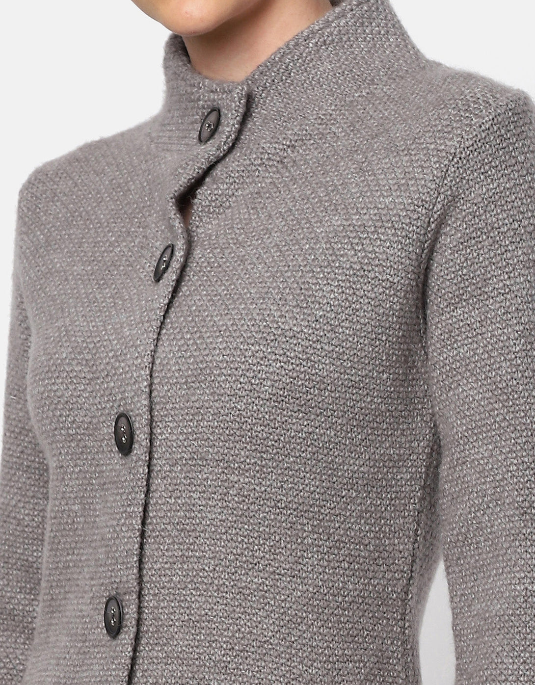 Knitted Ban Neck Long Coat with Fancy bottons