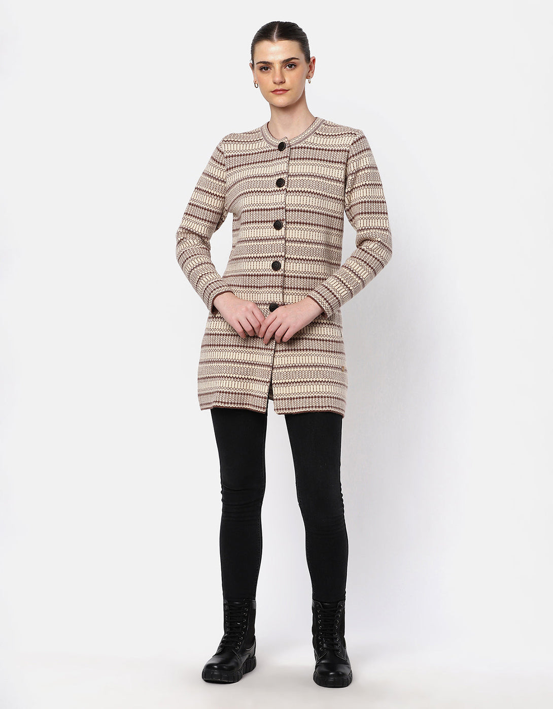 Knitted Round Neck Long Coat With Front Buttons