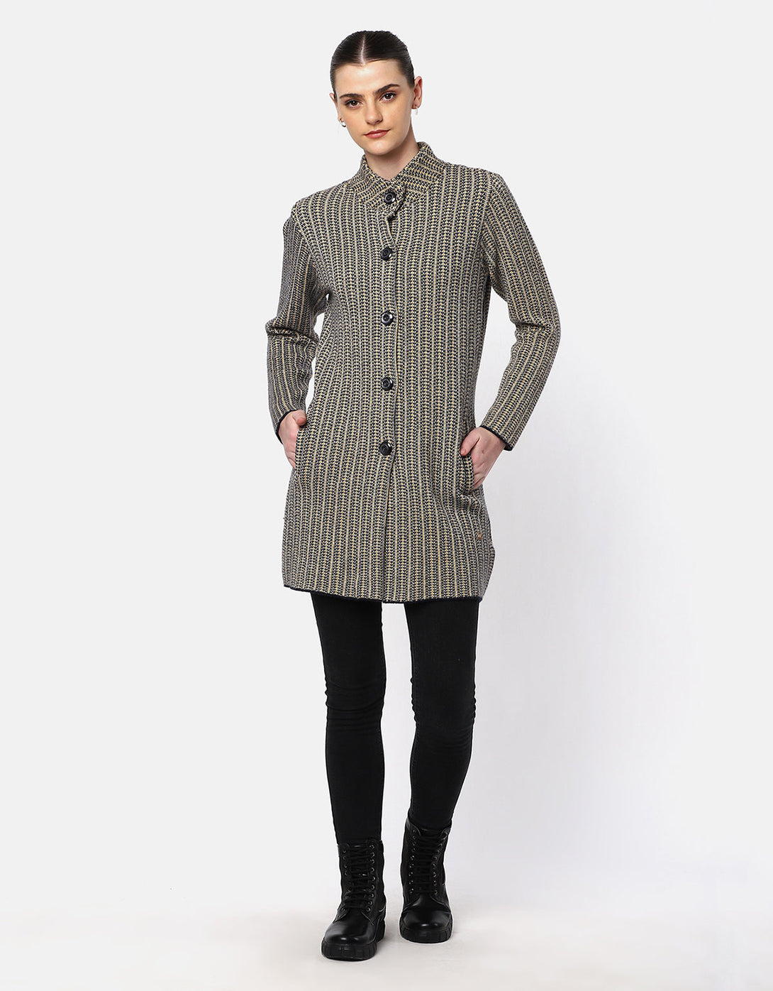Women Woolen Front Buttons Long Coat