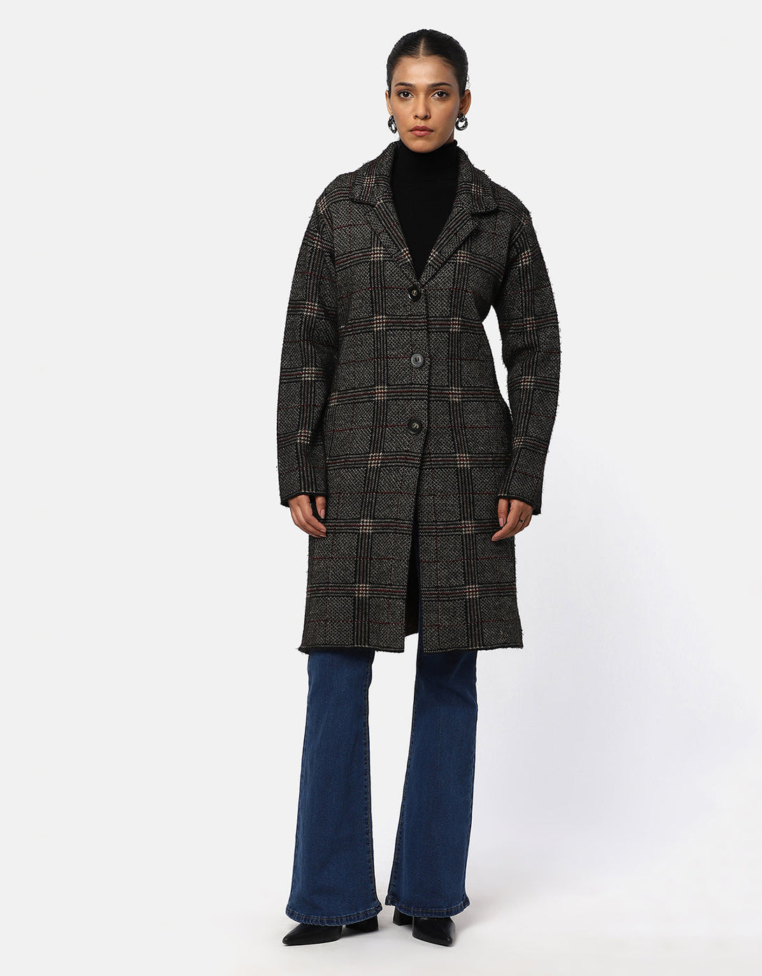 Woolen Checkered T-Neck Long Coat For Women