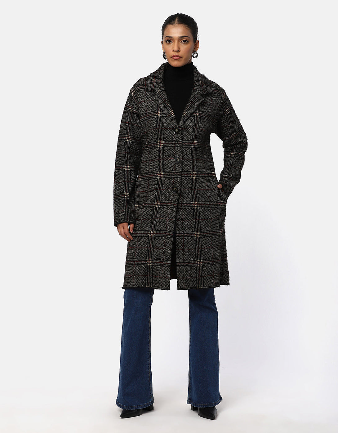 Woolen Checkered T-Neck Long Coat For Women