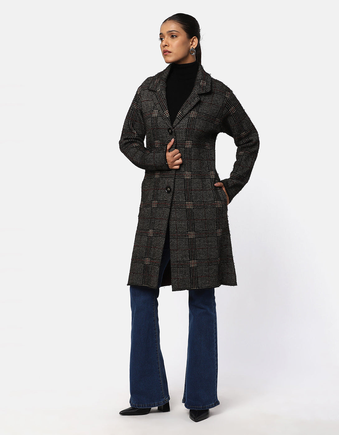 Woolen Checkered T-Neck Long Coat For Women