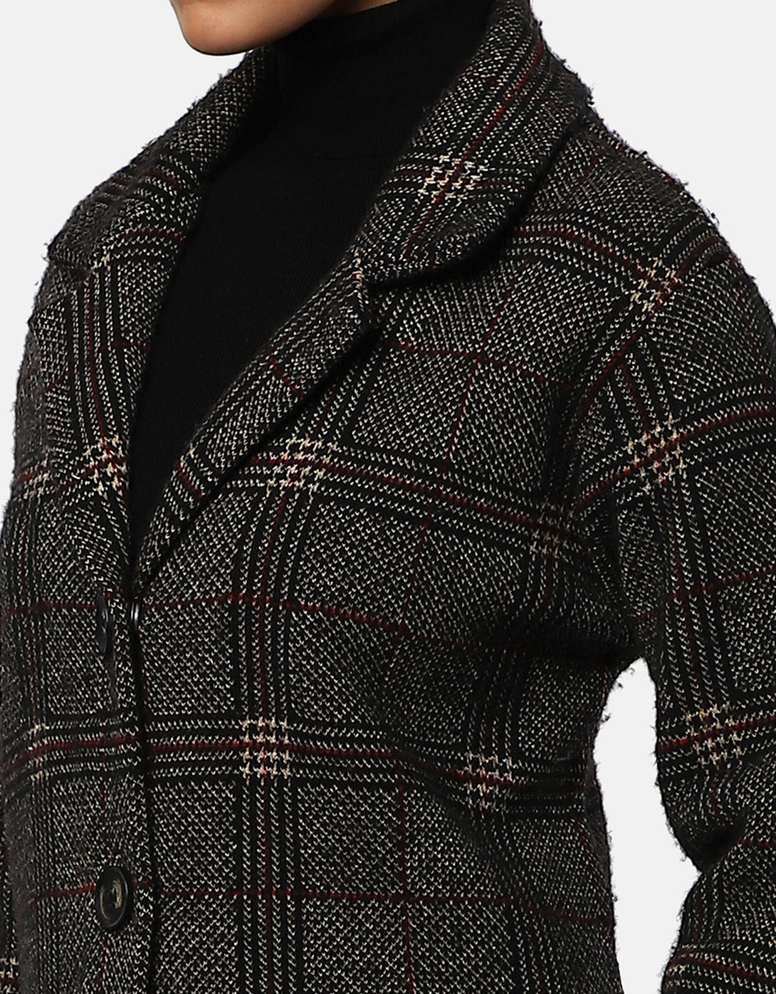 Woolen Checkered T-Neck Long Coat For Women