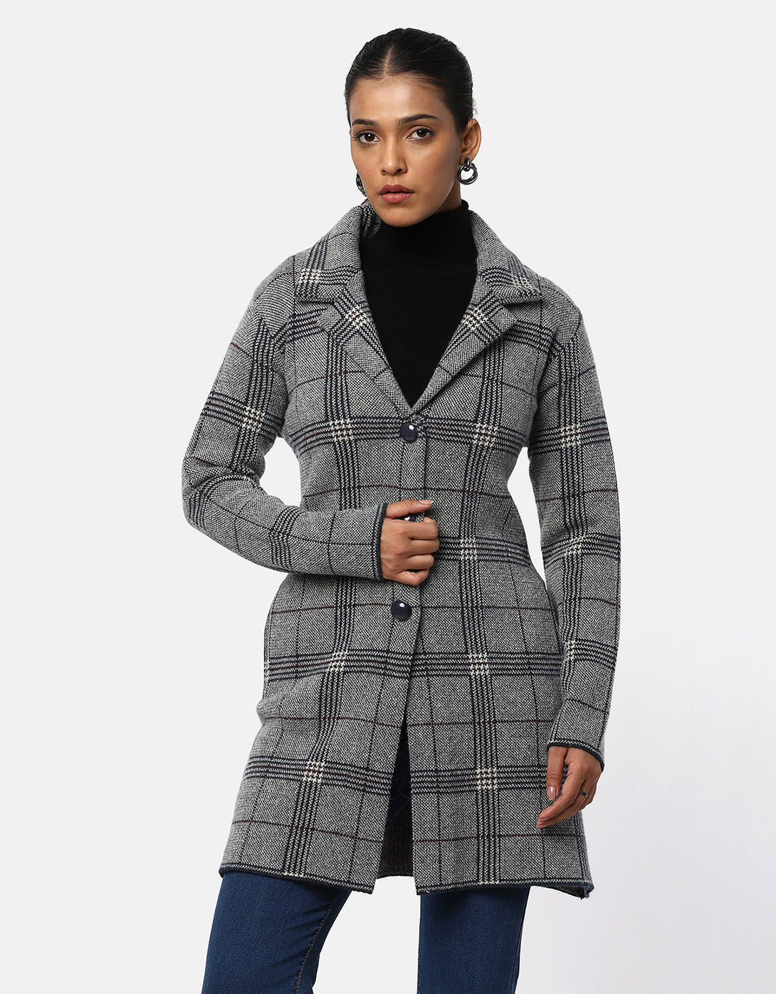 Woolen Checkered T-Neck Long Coat For Women