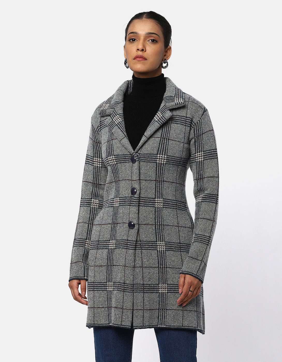 Woolen Checkered T-Neck Long Coat For Women