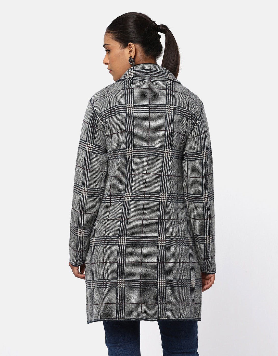 Woolen Checkered T-Neck Long Coat For Women