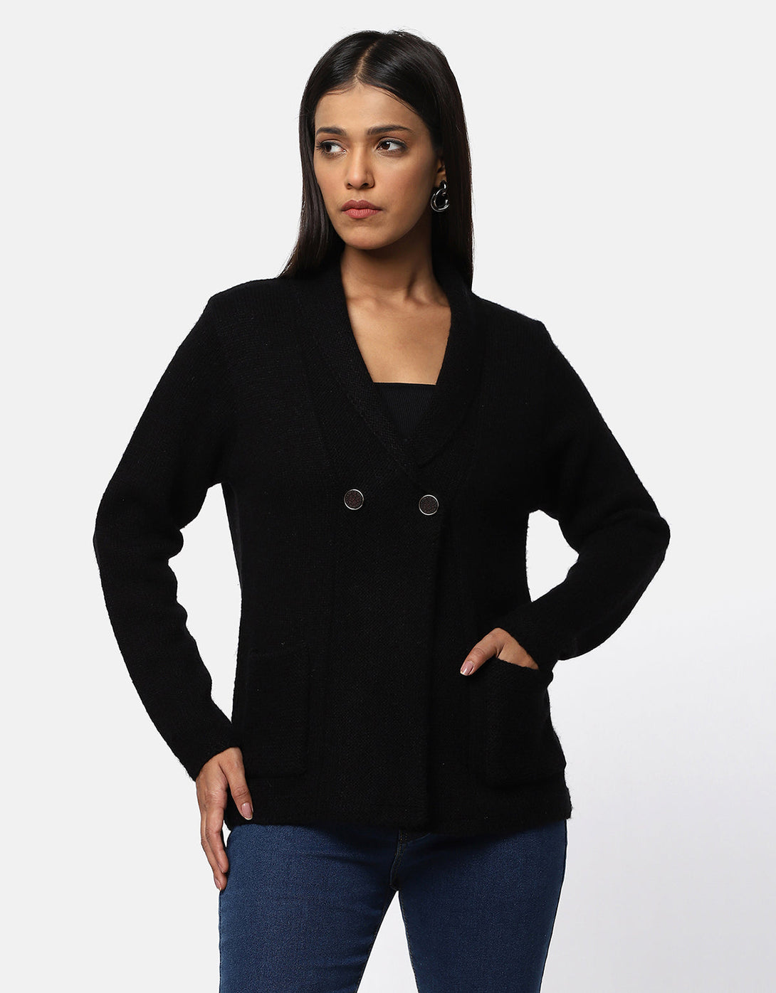 Women Knitted Collar Neck Single Breasted Designer Shrug