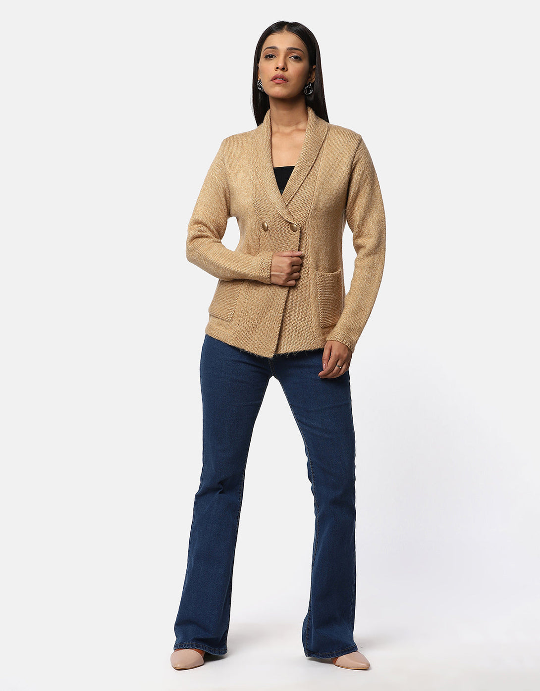 Women Knitted Collar Neck Single Breasted Designer Shrug