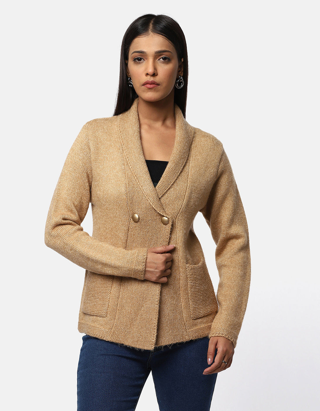 Women Knitted Collar Neck Single Breasted Designer Shrug