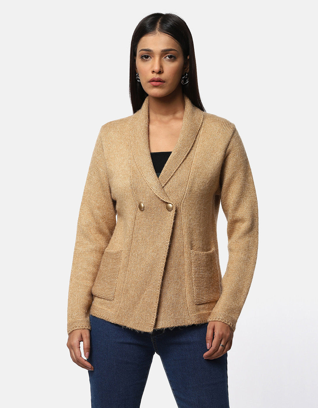Women Knitted Collar Neck Single Breasted Designer Shrug