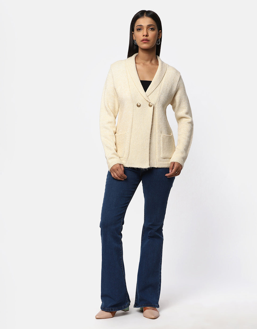 Women Knitted Collar Neck Single Breasted Designer Shrug