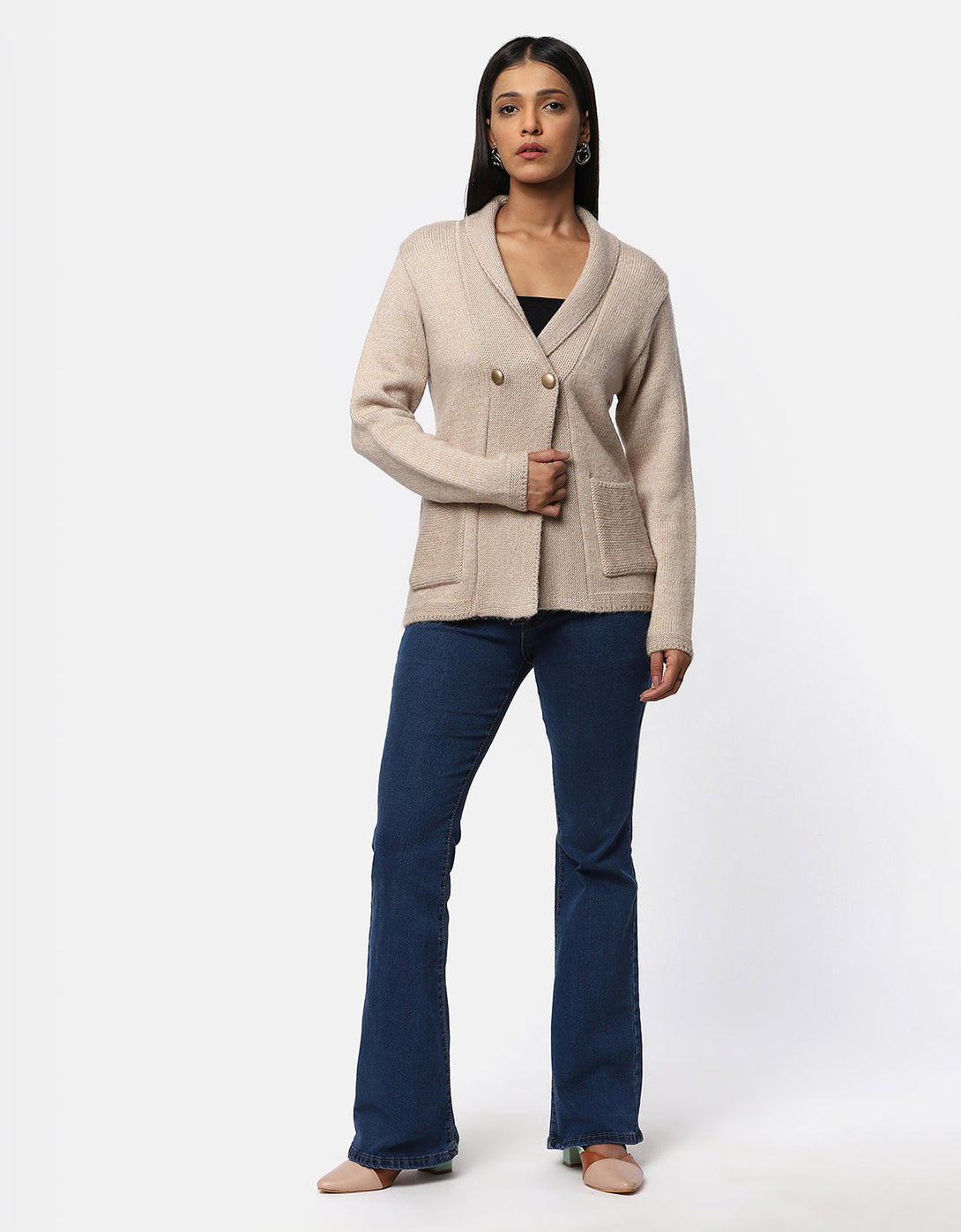 Women Knitted Collar Neck Single Breasted Designer Shrug