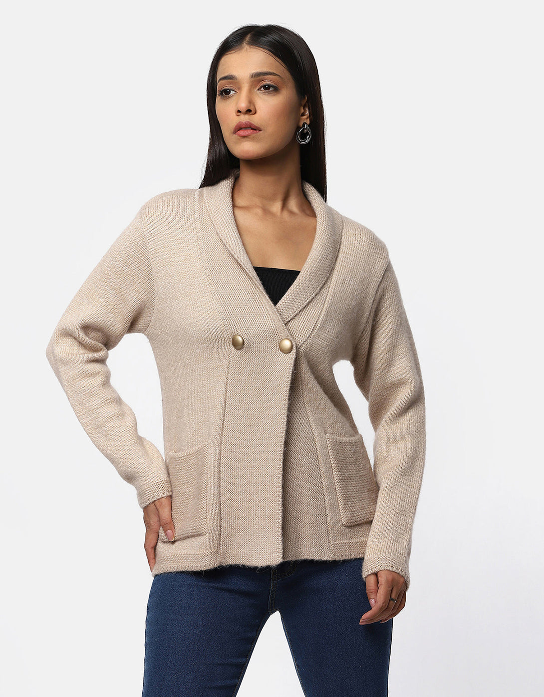 Women Knitted Collar Neck Single Breasted Designer Shrug