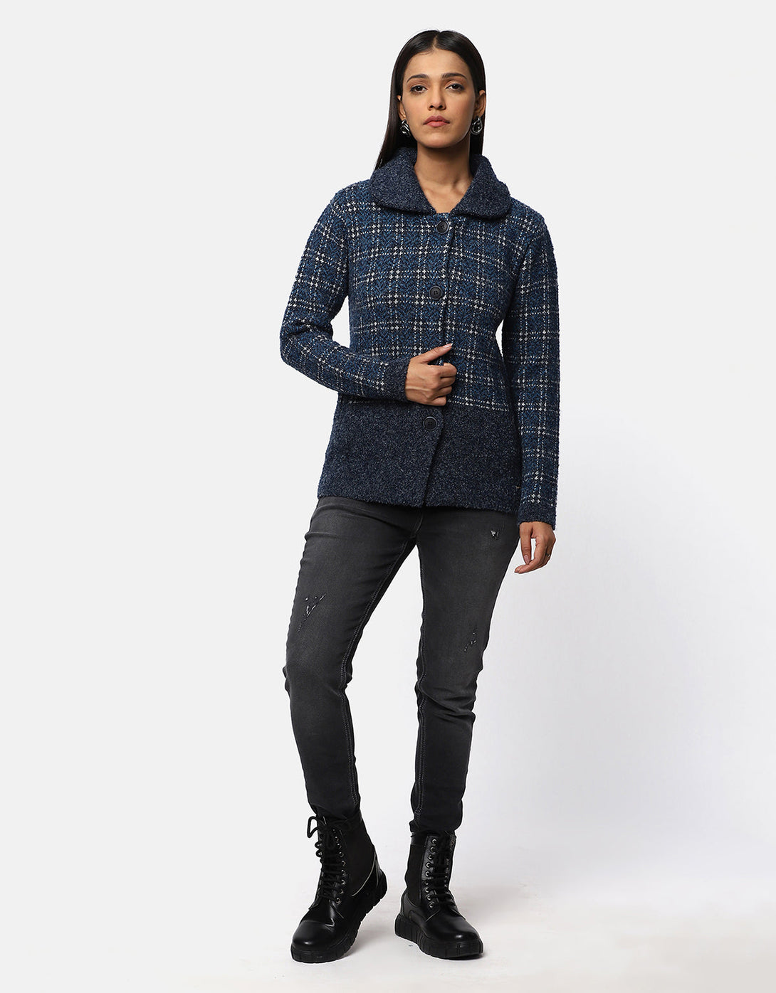 Women Knitted Collar Neck Short Coat