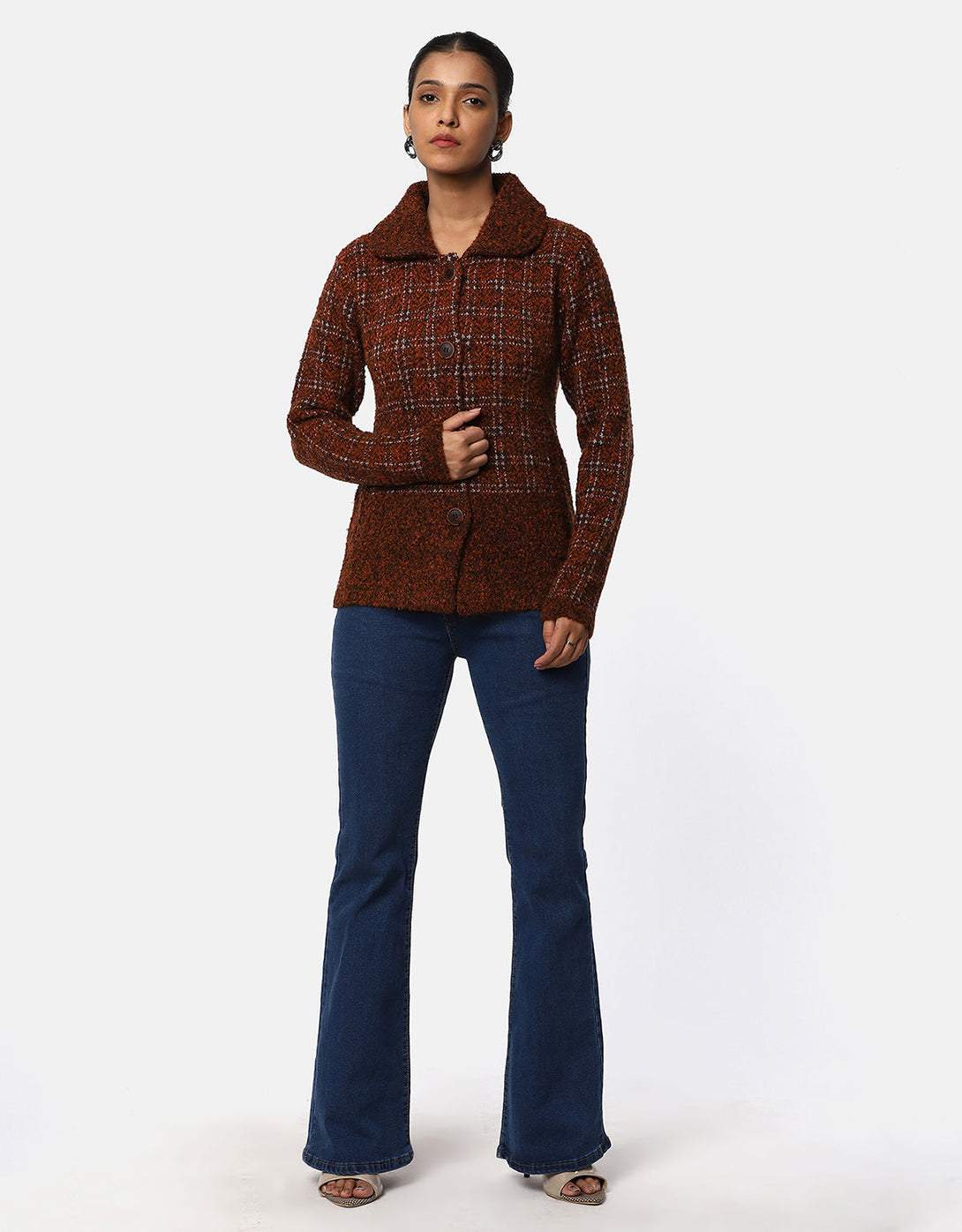 Women Knitted Collar Neck Short Coat