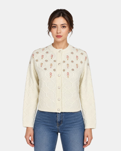 Women's Woolen Front Button Cardigan with Embroidered