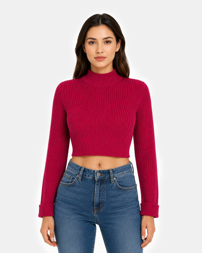 T-Neck Knitted Crop Top For Women