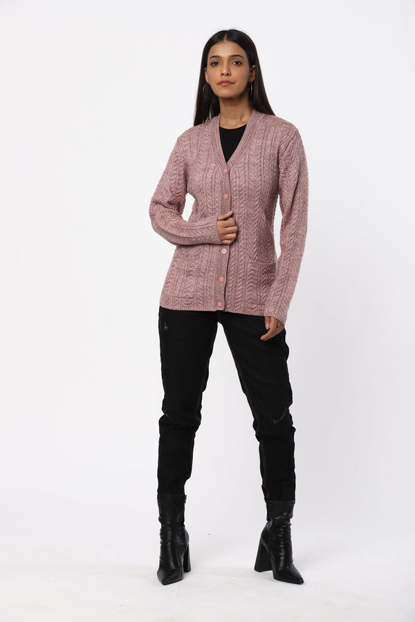 Women Woolen V- Neck Cardigan With Front Buttons