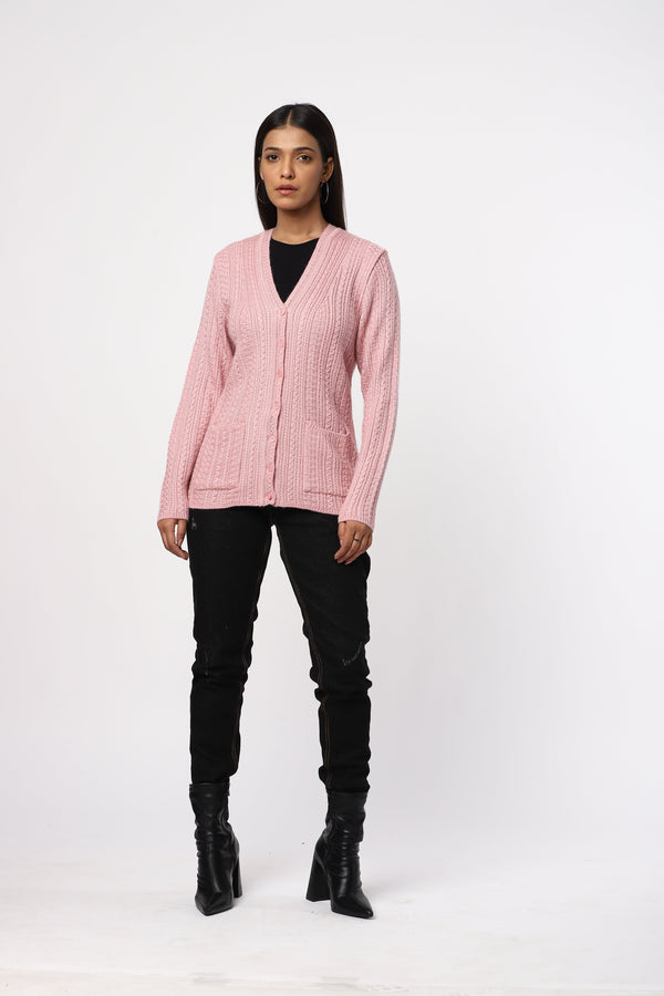 Women Woolen V-Neck Fancy Cardigan